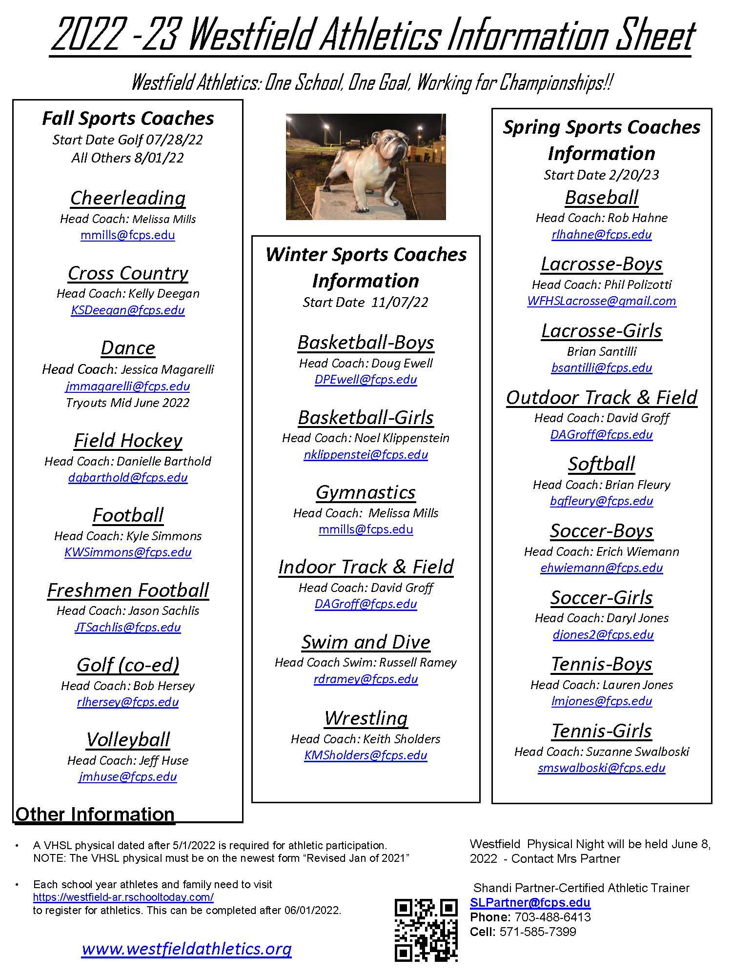 westfield athletics info sheet