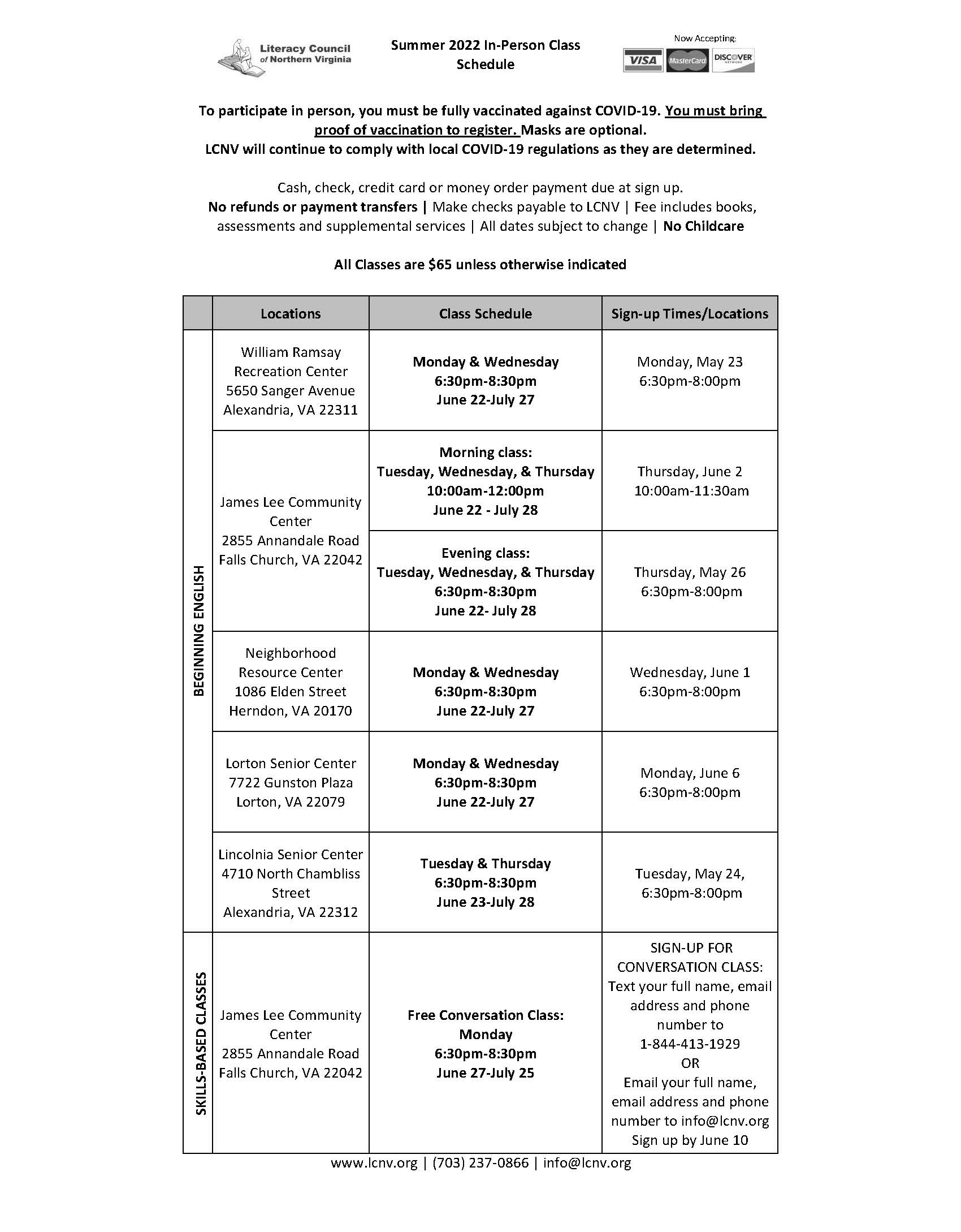 summer class schedule